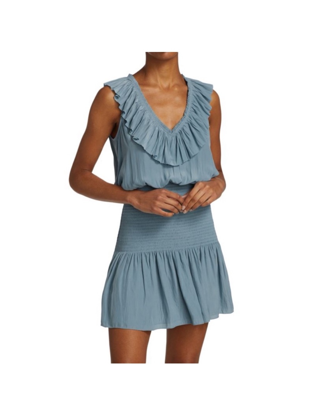 Ramy Brook Ellery Smocked Waist Blue Sleeveless Ruffle Dress